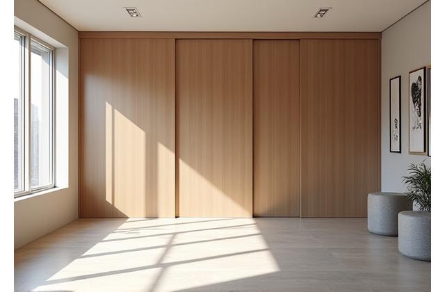 Sleek efficiency apartment living space with a hidden gym behind sliding wooden panels